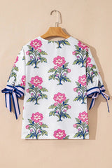 White Floral Colorblock Stripe Knot Bubble Sleeve V Neck Blouse