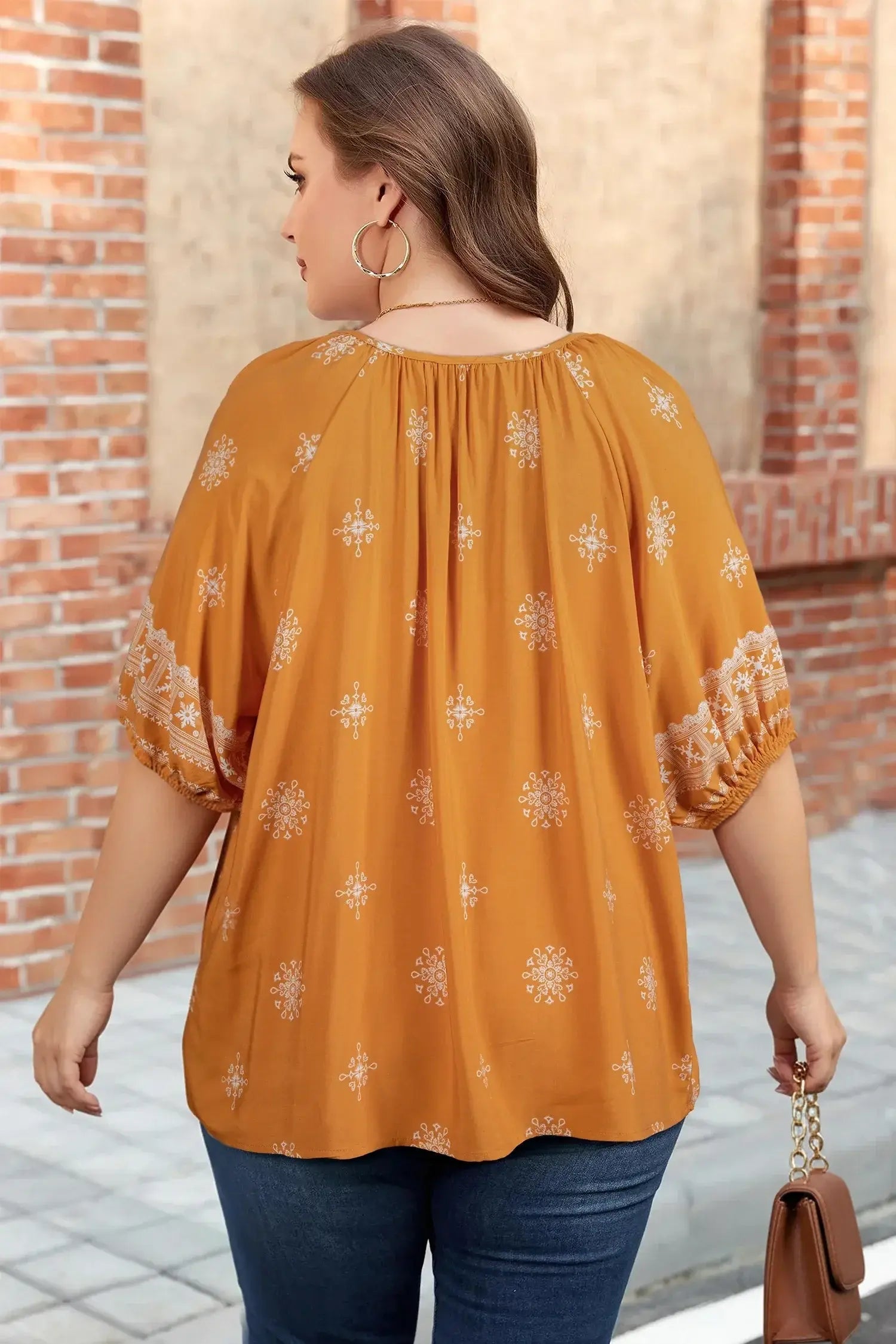 Green Boho Chic Notched V Neck Plus Floral Short Sleeve Top