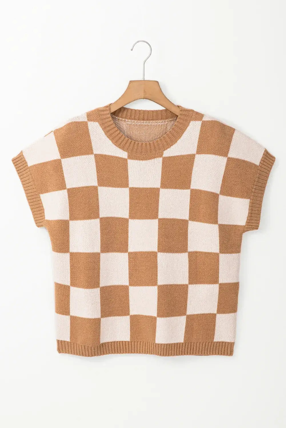 Light French Beige Colorblock Plaid Pattern Ribbed Trim Sweater Tank Top