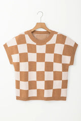 Light French Beige Colorblock Plaid Pattern Ribbed Trim Sweater Tank Top