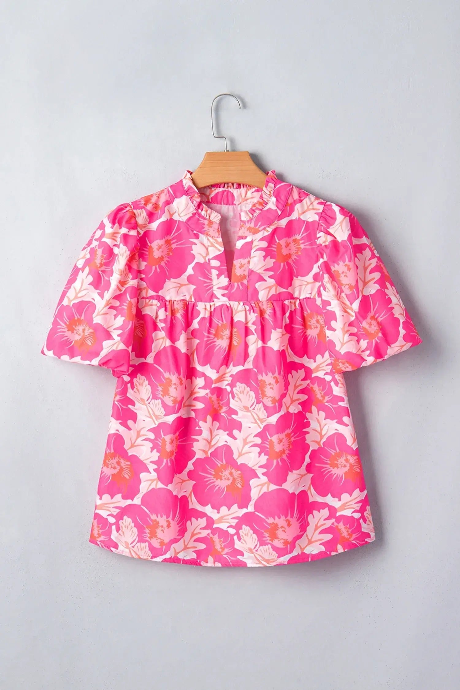 Pink Short Bubble Sleeve Summer Floral Blouse
