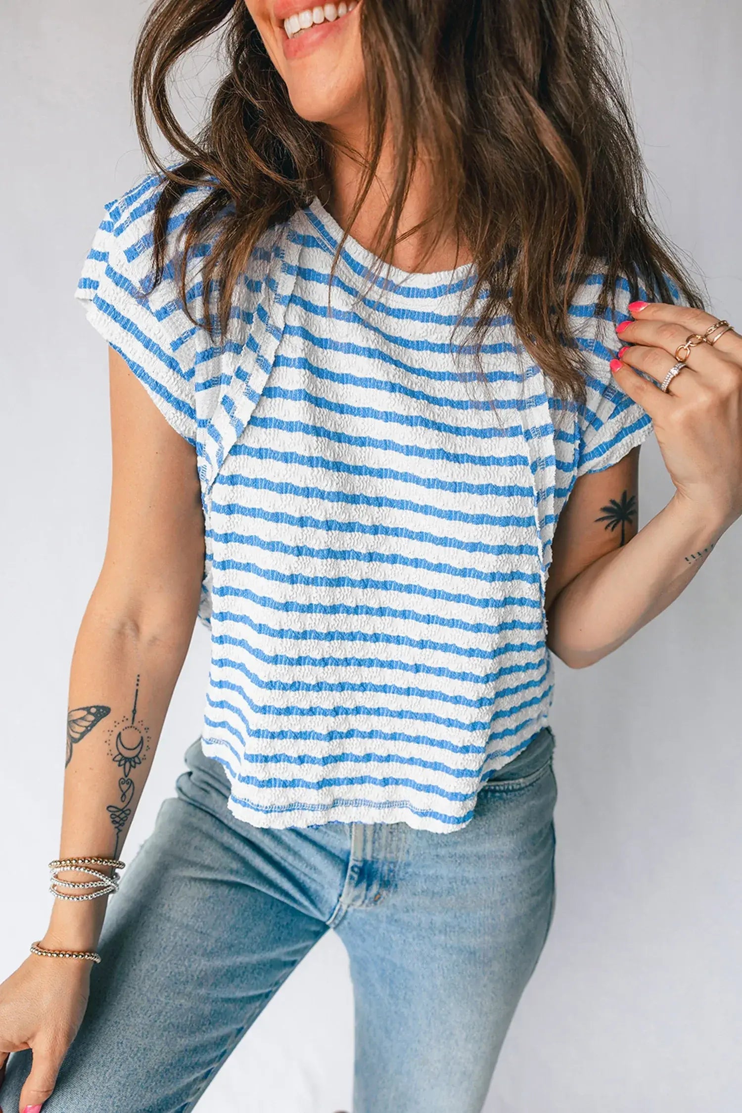 Blue Stripe Textured Short Sleeve Patchwork T Shirt