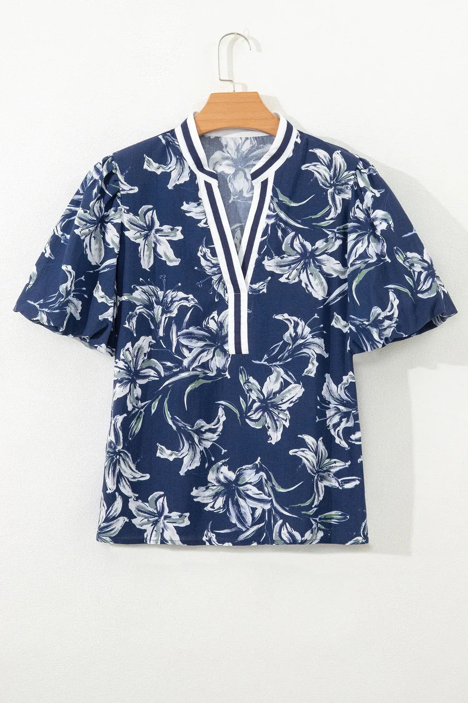 Blue Floral Print Short Puff Sleeve Striped Trim V Neck Blouse