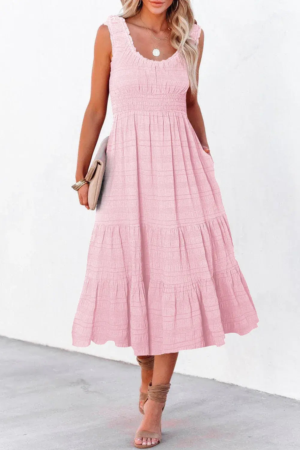 Black Shirred Pleated Square Neck Sleeveless Midi Dress