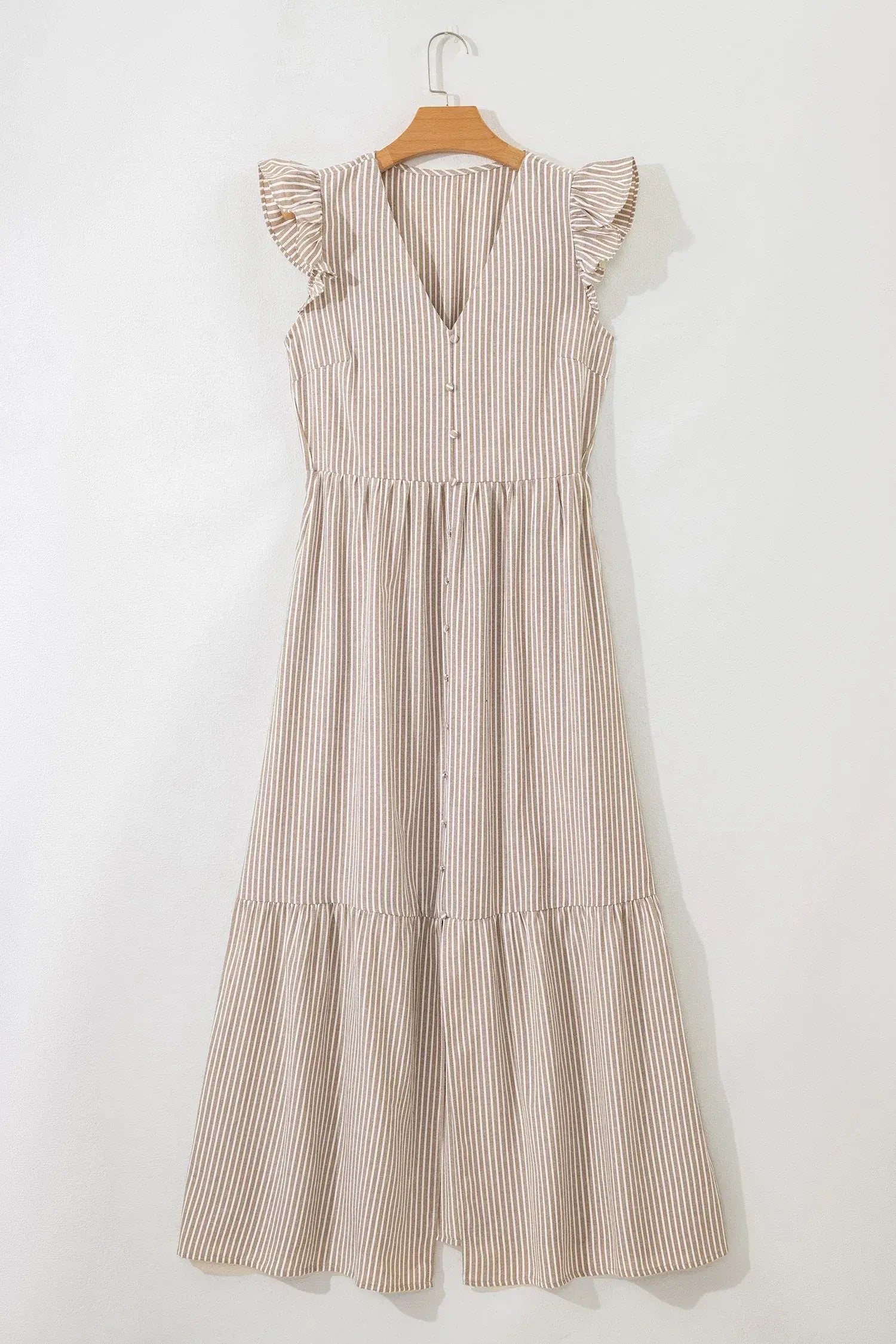 Khaki Stripe Flutter Sleeve Buttoned Front Slit Maxi Dress