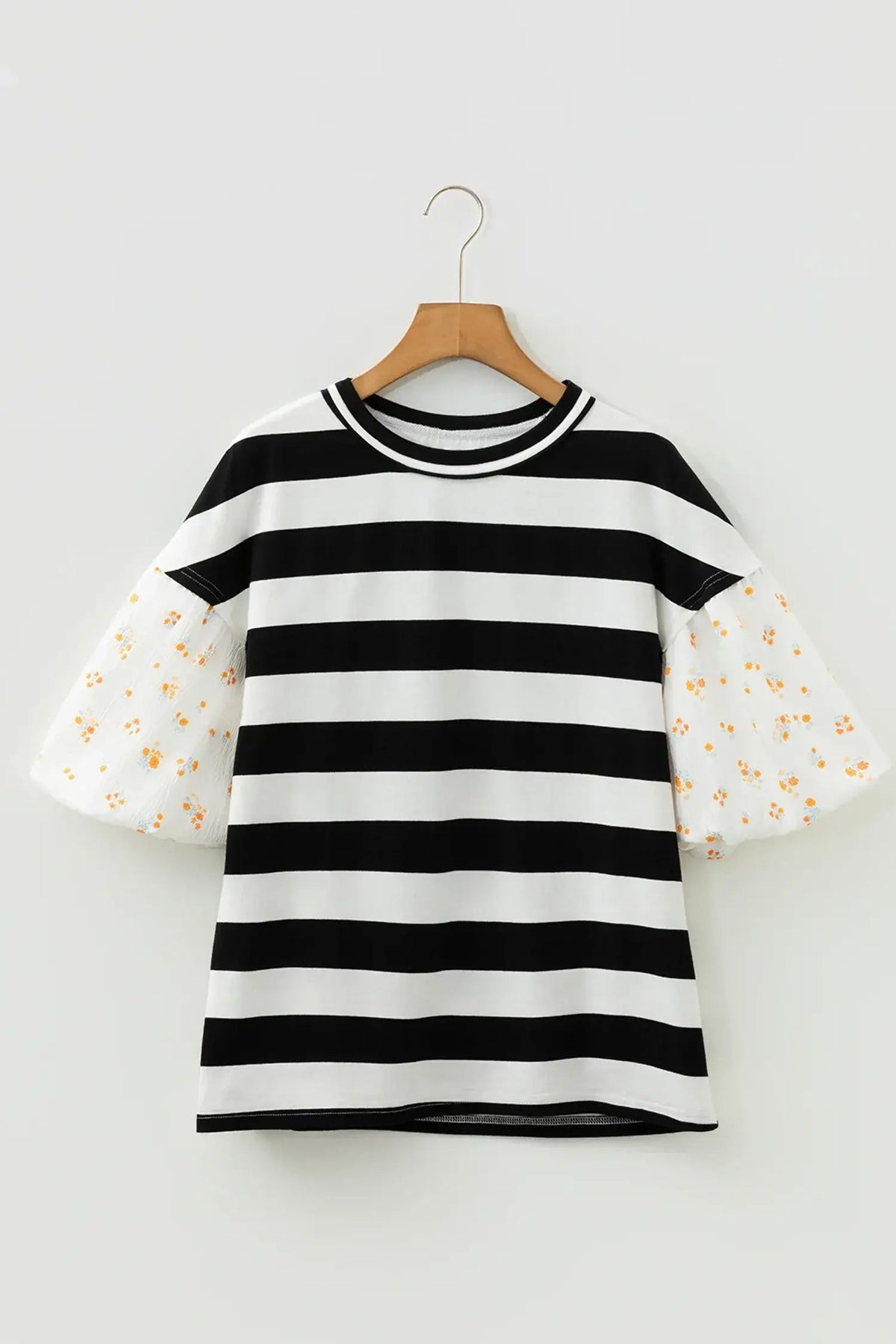 Black Stripe Floral Print Puff Sleeve Patchwork Blouse