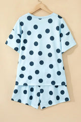 Pink Polka Dot Print Loose Tee Drawstring Elastic Waist Short Set