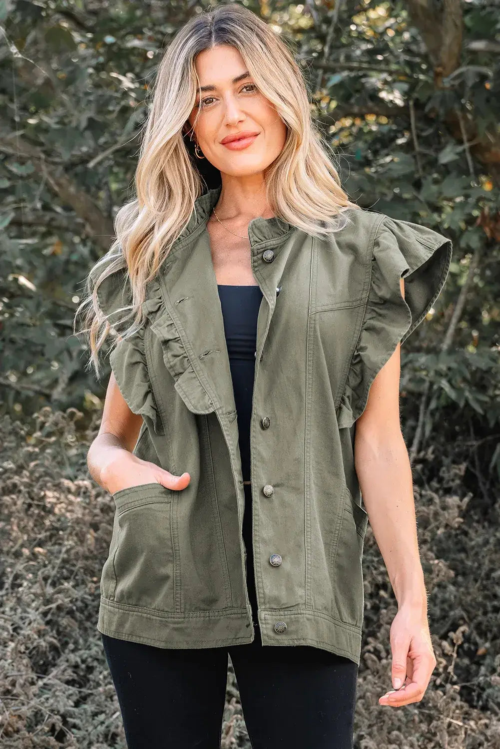 Pale Khaki Ruffled Patchwork Denim Jacket Vest
