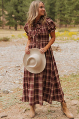 Red Vintage Plaid Knot Front Smocked High Waist Midi Dress