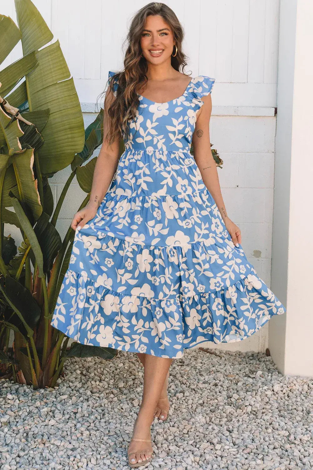 Sky Blue Floral U Neck Flutter Shoulder Tiered Flowy Midi Dress