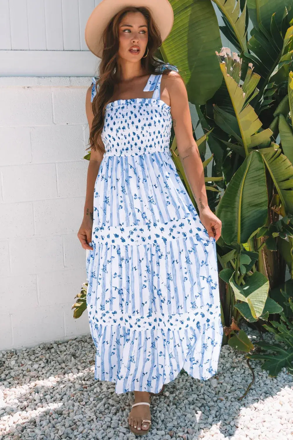 Sky Blue Floral Smocked Tied Straps A-Lined Tiered Maxi Dress