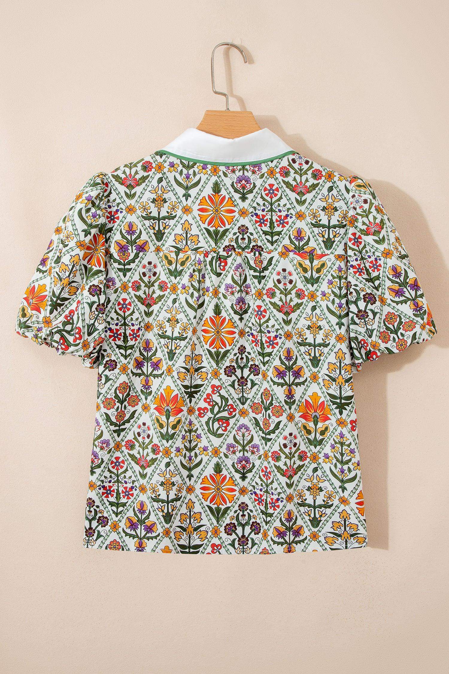 Green Short Bubble Sleeve Floral Shirt