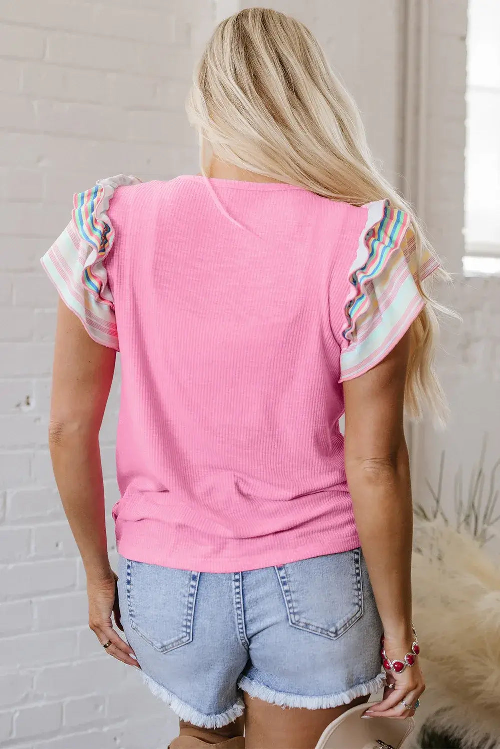 Bonbon Striped Ruffle Flutter Sleeve Ribbed Blouse