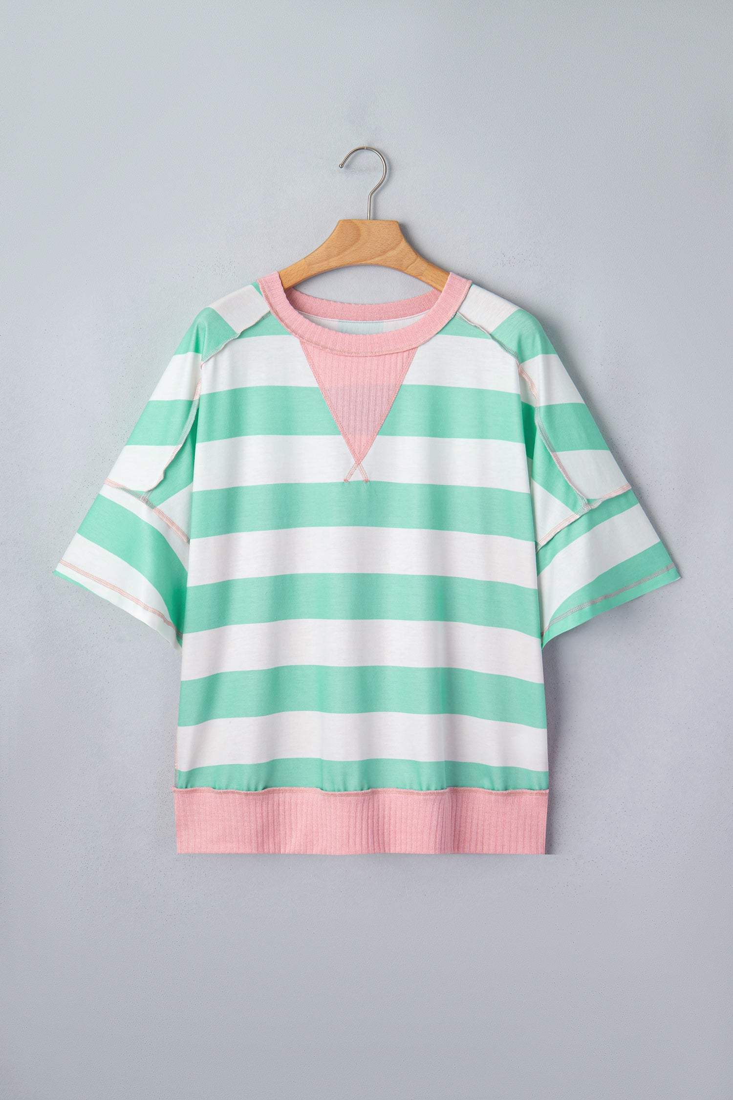 Green Stripe Exposed Seam Ribbed Patchwork Oversized Tee