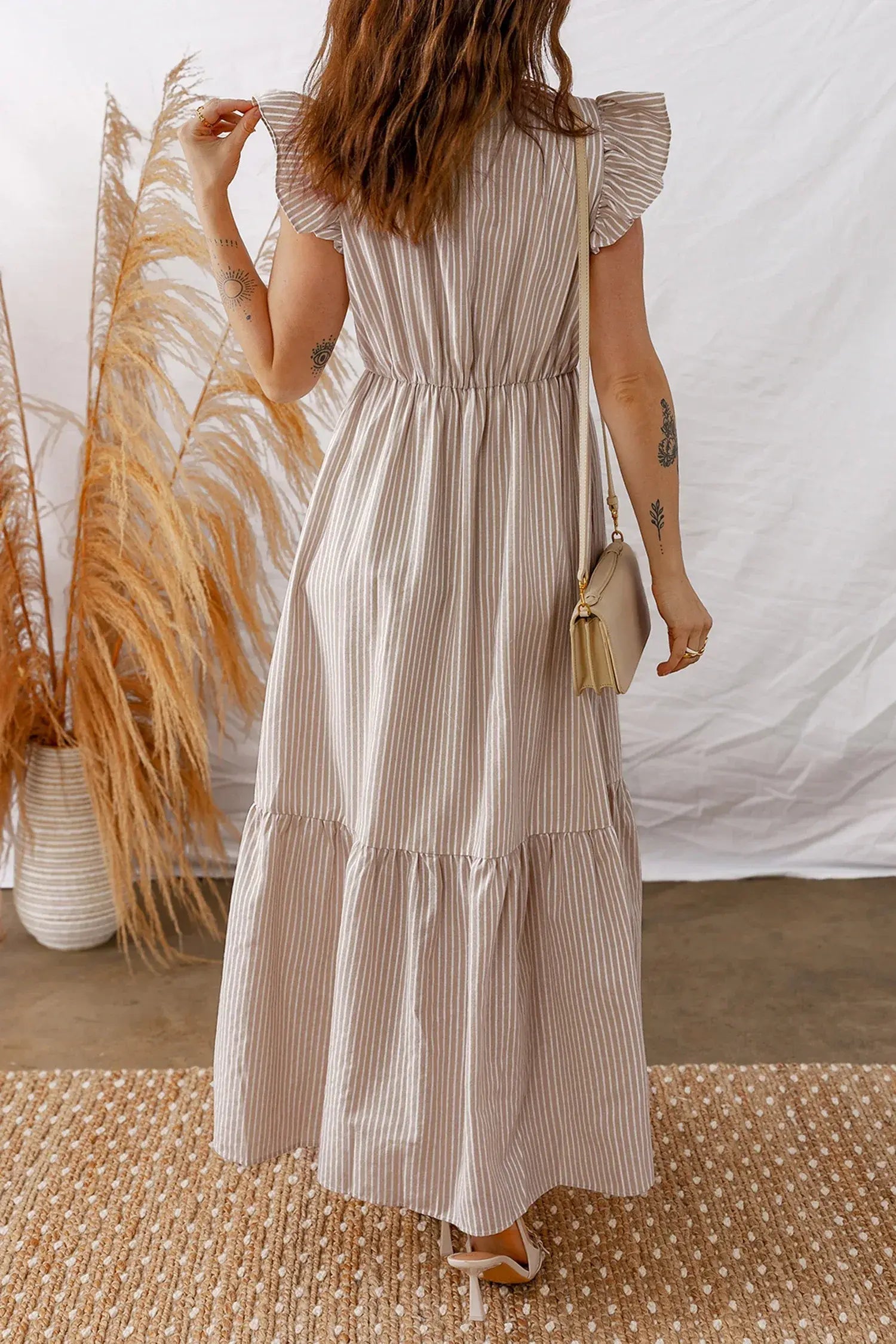 Khaki Stripe Flutter Sleeve Buttoned Front Slit Maxi Dress