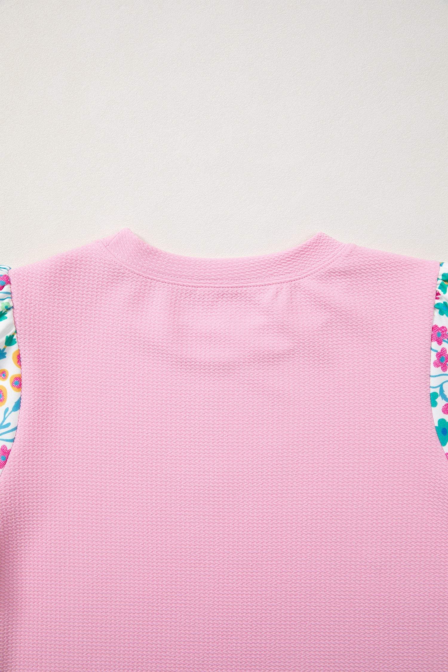Pink Round Neck Textured Contrast Floral Bubble Sleeve Blouse