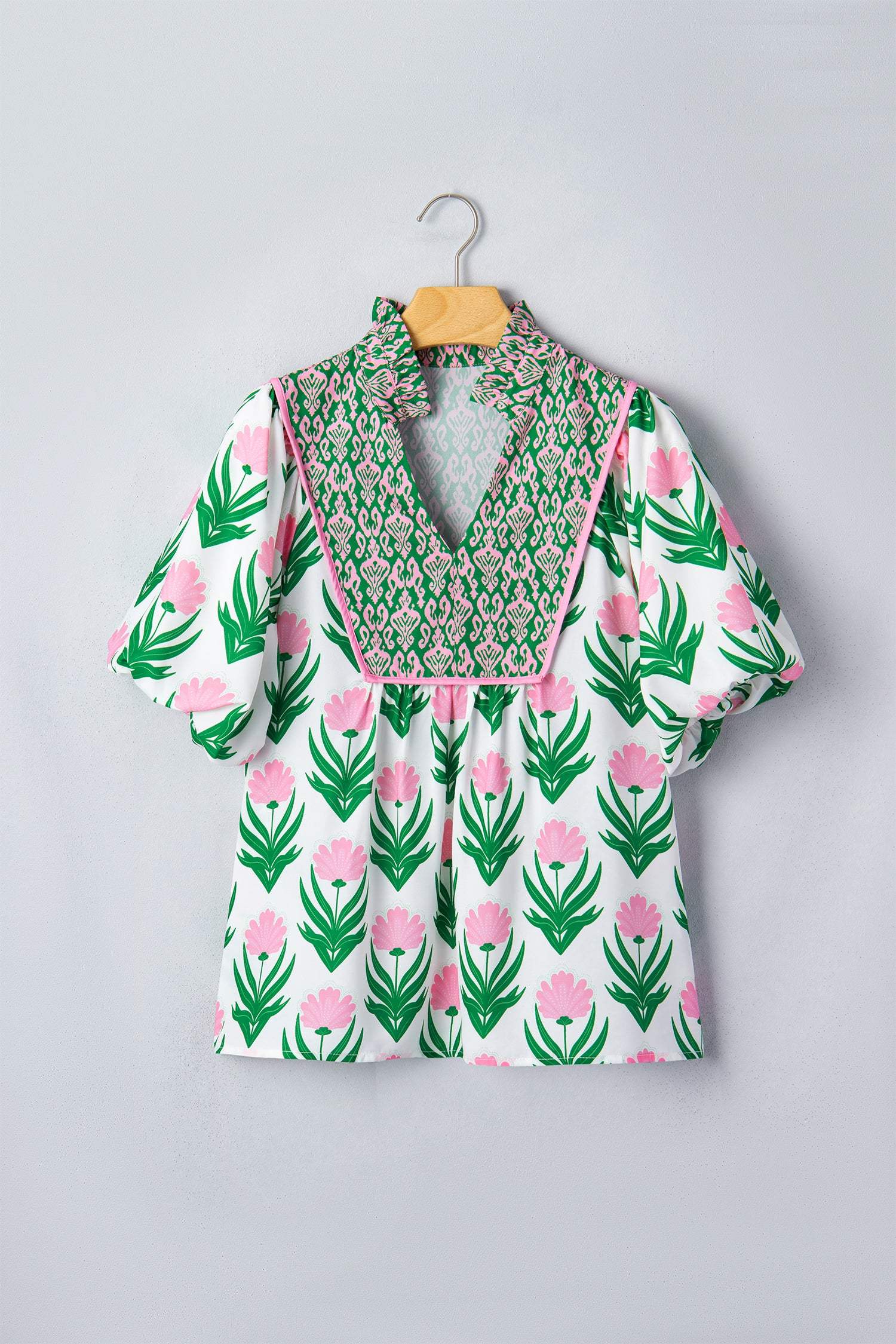 Multicolour Floral Print Puff Sleeve Contrast Bordered V Neck Blouse