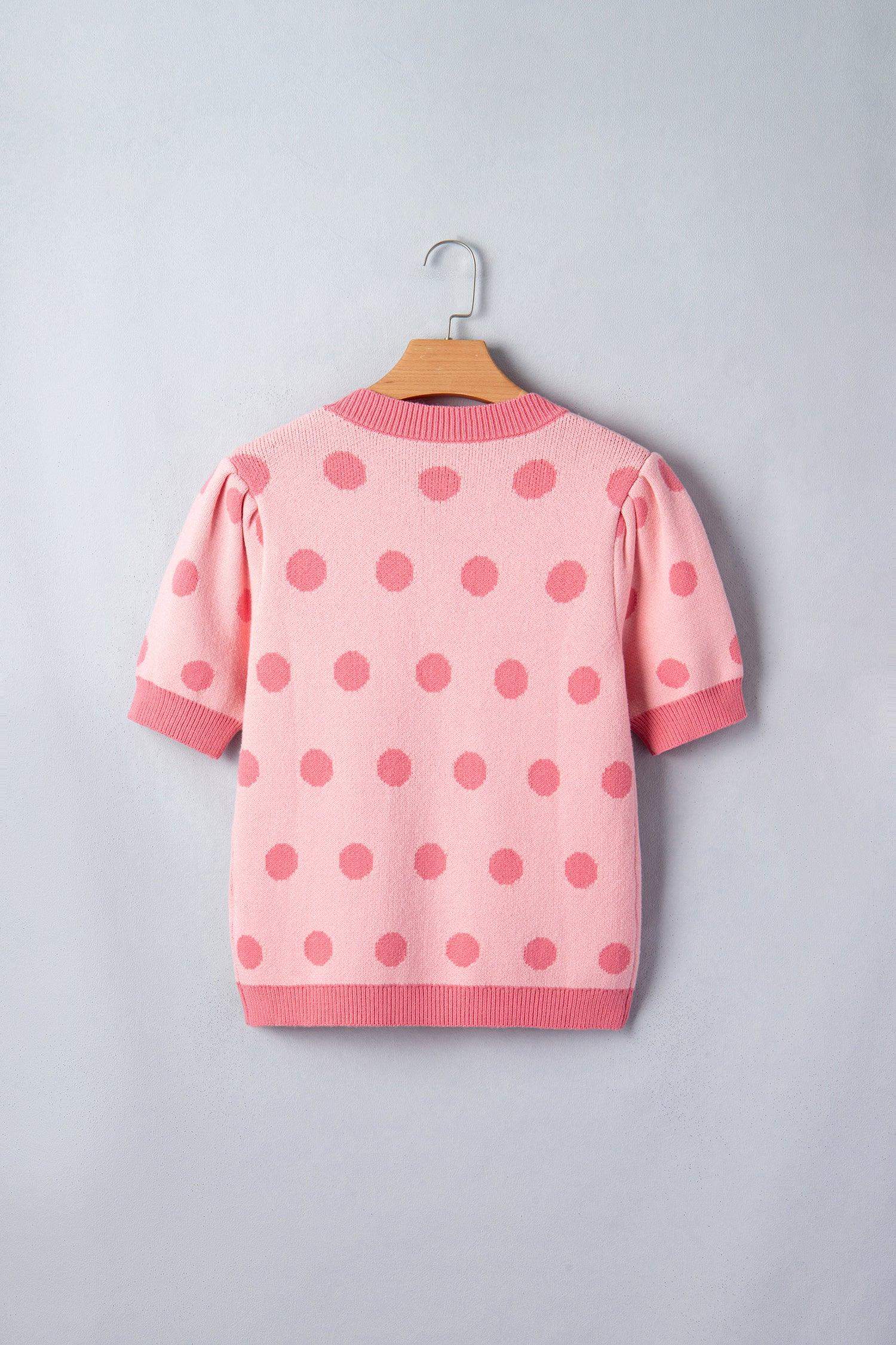 Pink Polka Dot Puff Short Sleeve Sweater Top