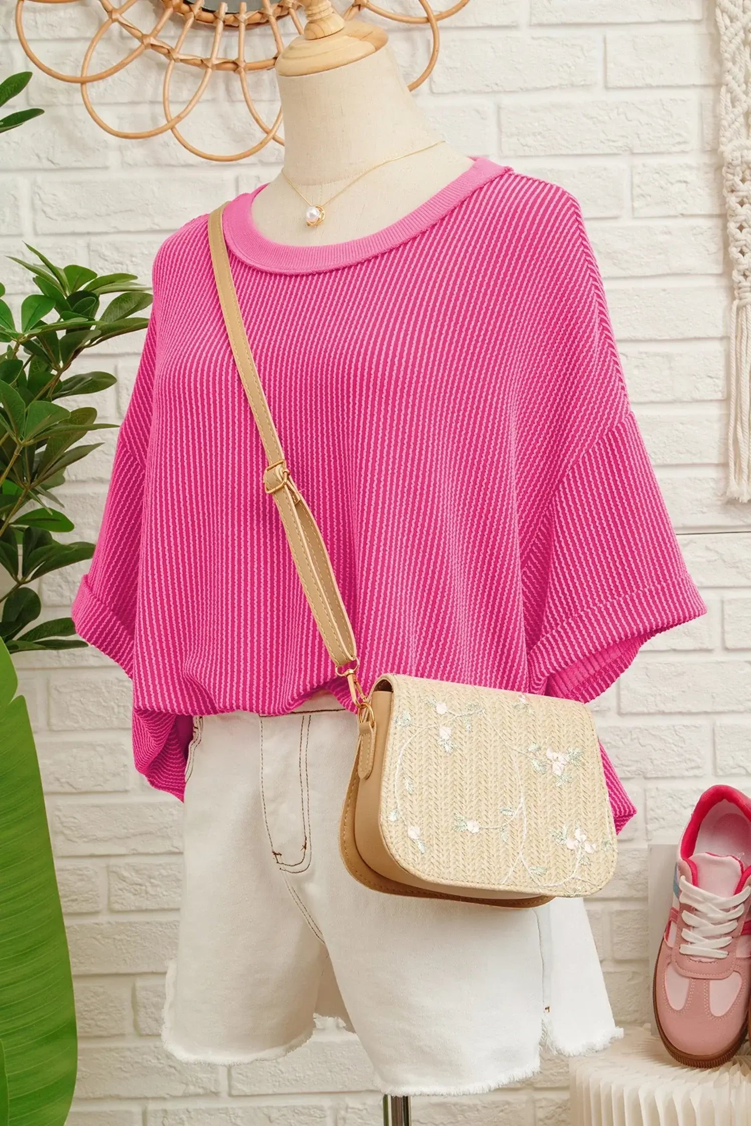 Rose Red Spiral Ribbed Cutout Bow Knot Back Oversize T Shirt