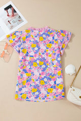 Pink Playful Floral Print Striped Color Block Patchwork V Neck Flutter Sleeve Blouse
