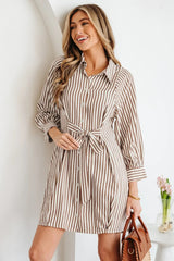 Brown Stripe Knot Waist Puff Sleeve Button Down Mini Shirt Dress