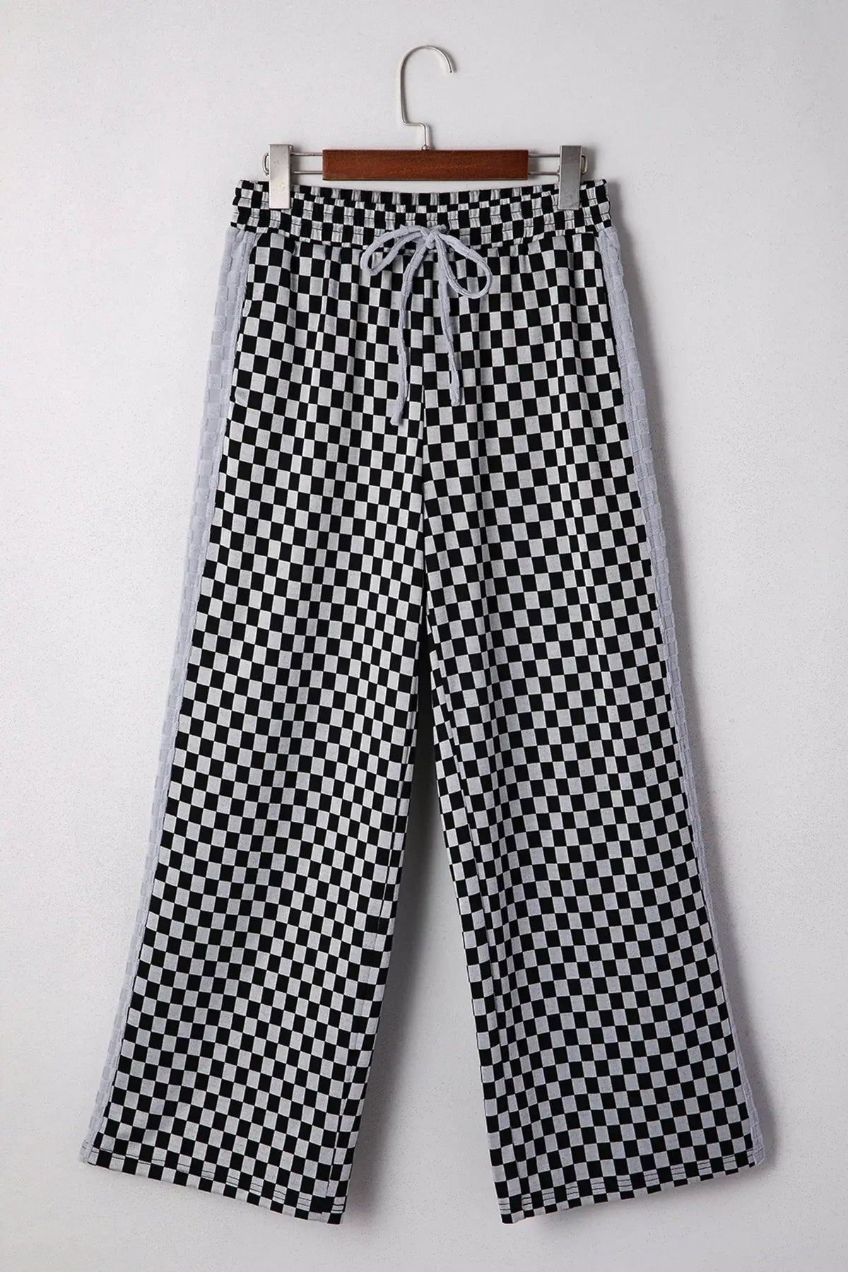 White Checkerboard Drawstring Waist Casual Pants