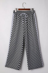 White Checkerboard Drawstring Waist Casual Pants
