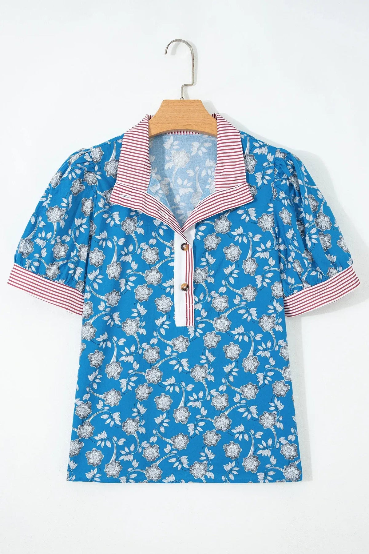 Blue Retro Floral Print Striped Trim Button Neck Short Sleeve Blouse