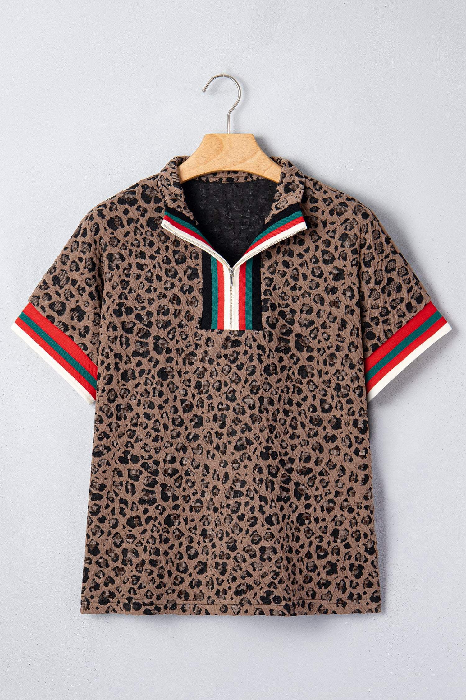 Brown Leopard Jacquard Striped Patchwork Half Zip Short Sleeve Blouse