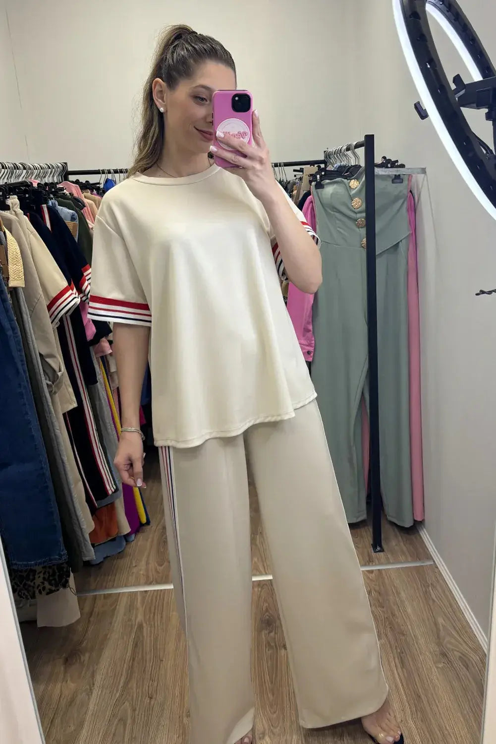 Jet Stream Contrast Striped Trim Crewneck T Shirt Loose Straight Pants Set