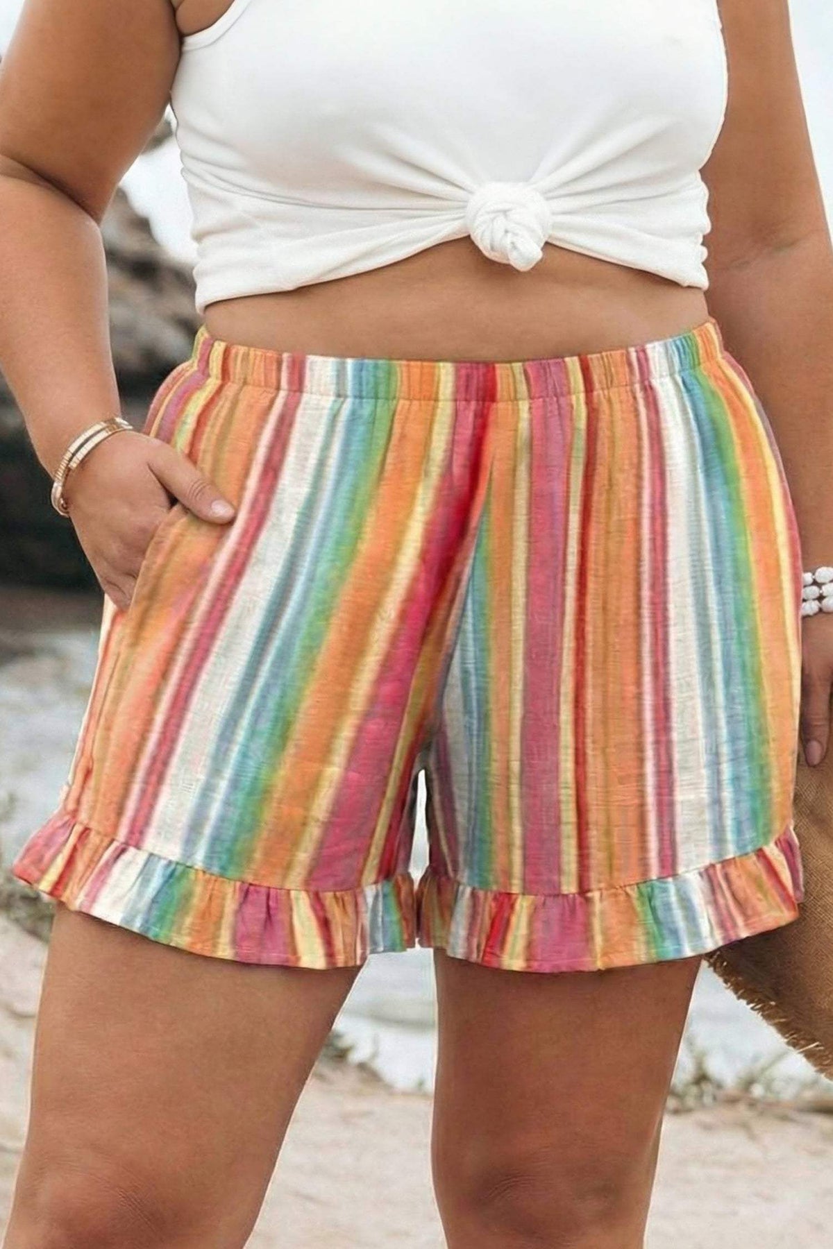 Orange Stripe Plus Size Elastic Waist Ruffle Hem Shorts
