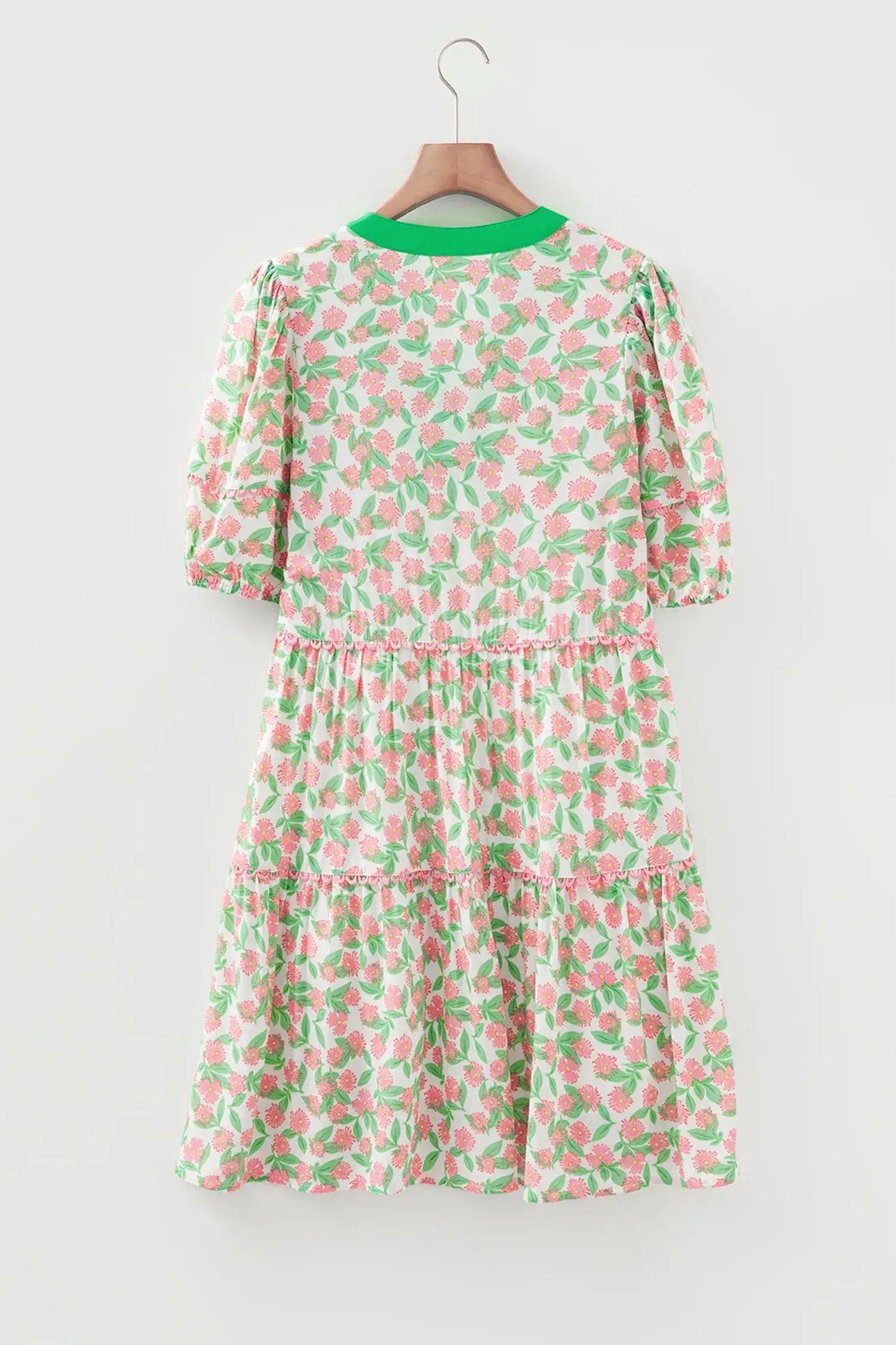 Green Contrast Neckline Ricrac Trim Floral Short Puff Sleeve Dress