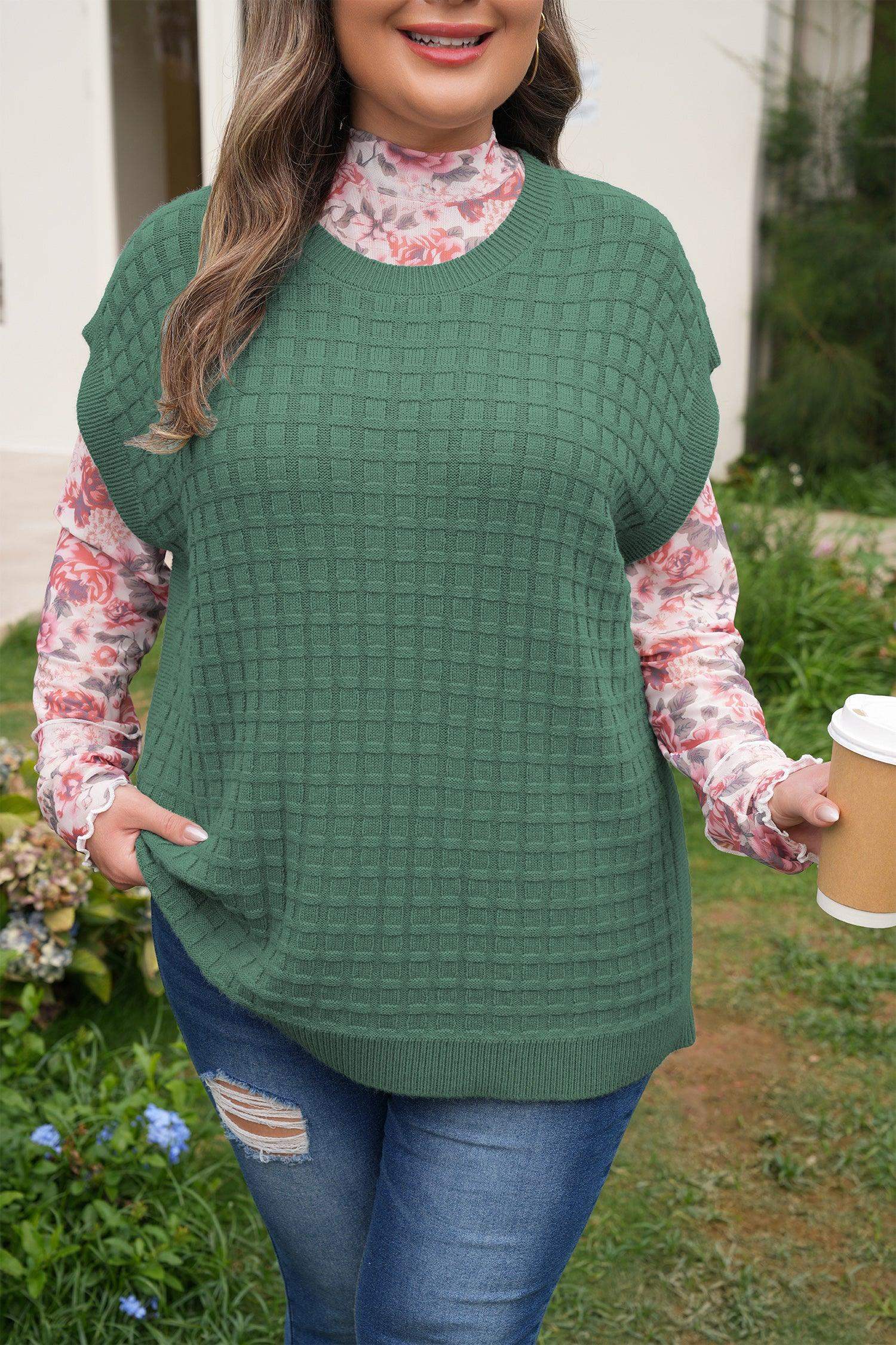 Mist Green Plus Size Solid Color Textured Knit Short Sleeve Sweater