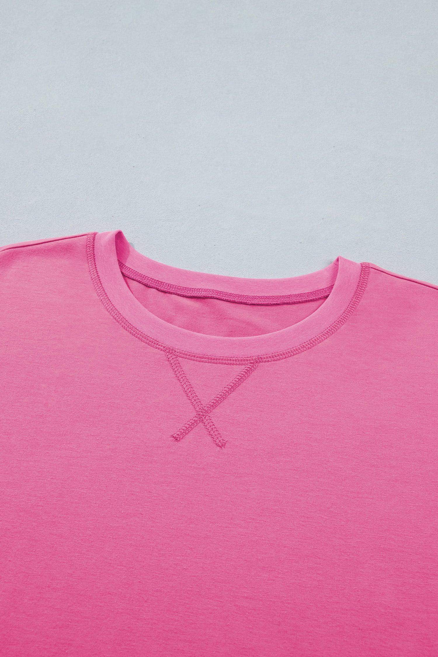 Bright Pink Seam Detail Raw Edge Tee Rainbow Waistband Casual Short Set