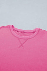 Bright Pink Seam Detail Raw Edge Tee Rainbow Waistband Casual Short Set