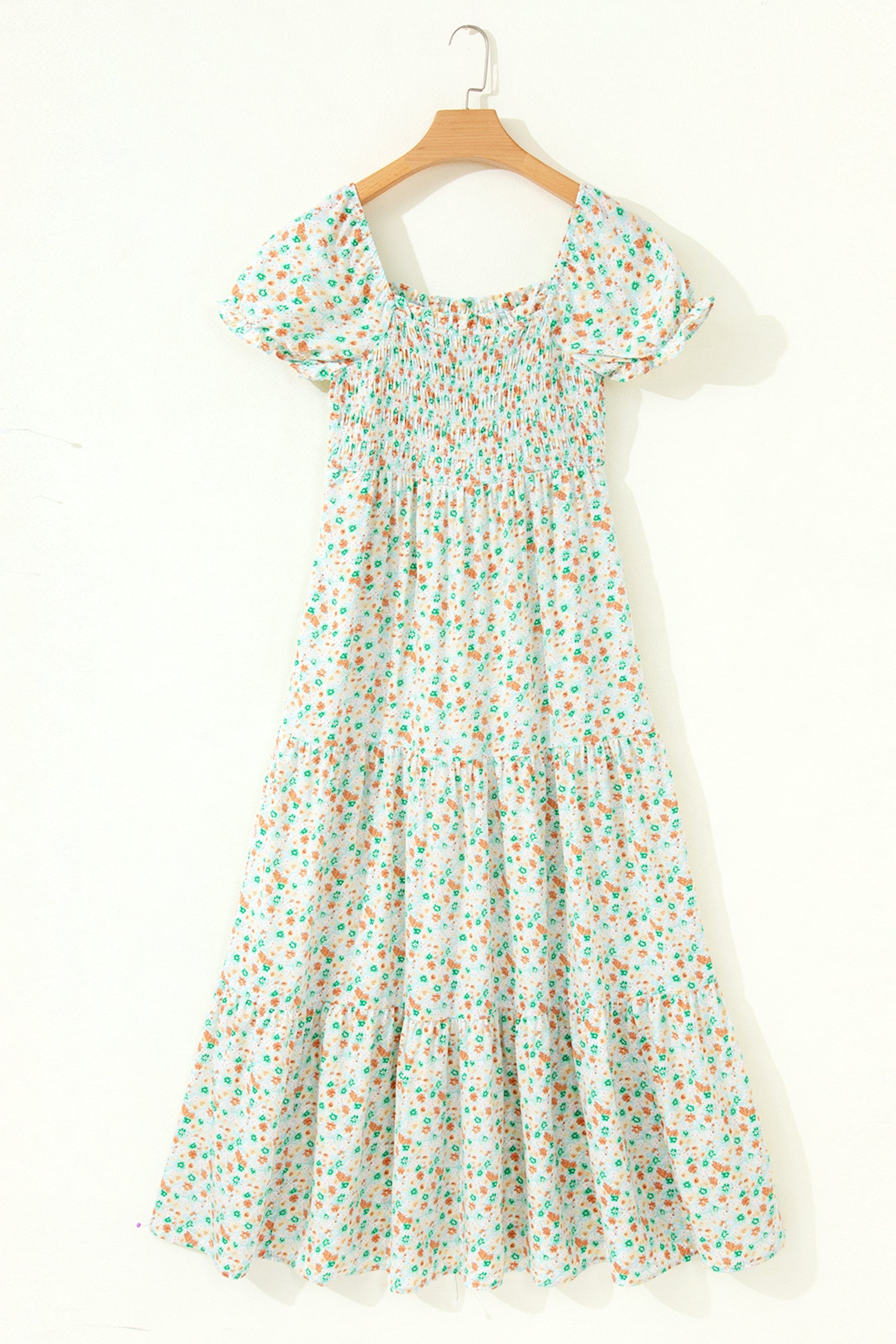 Pink Floral Short Bubble Sleeve Shirred High Waist Maxi Dress