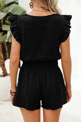 Black Textured Square Neck Top and Shirred High Waist Shorts Set
