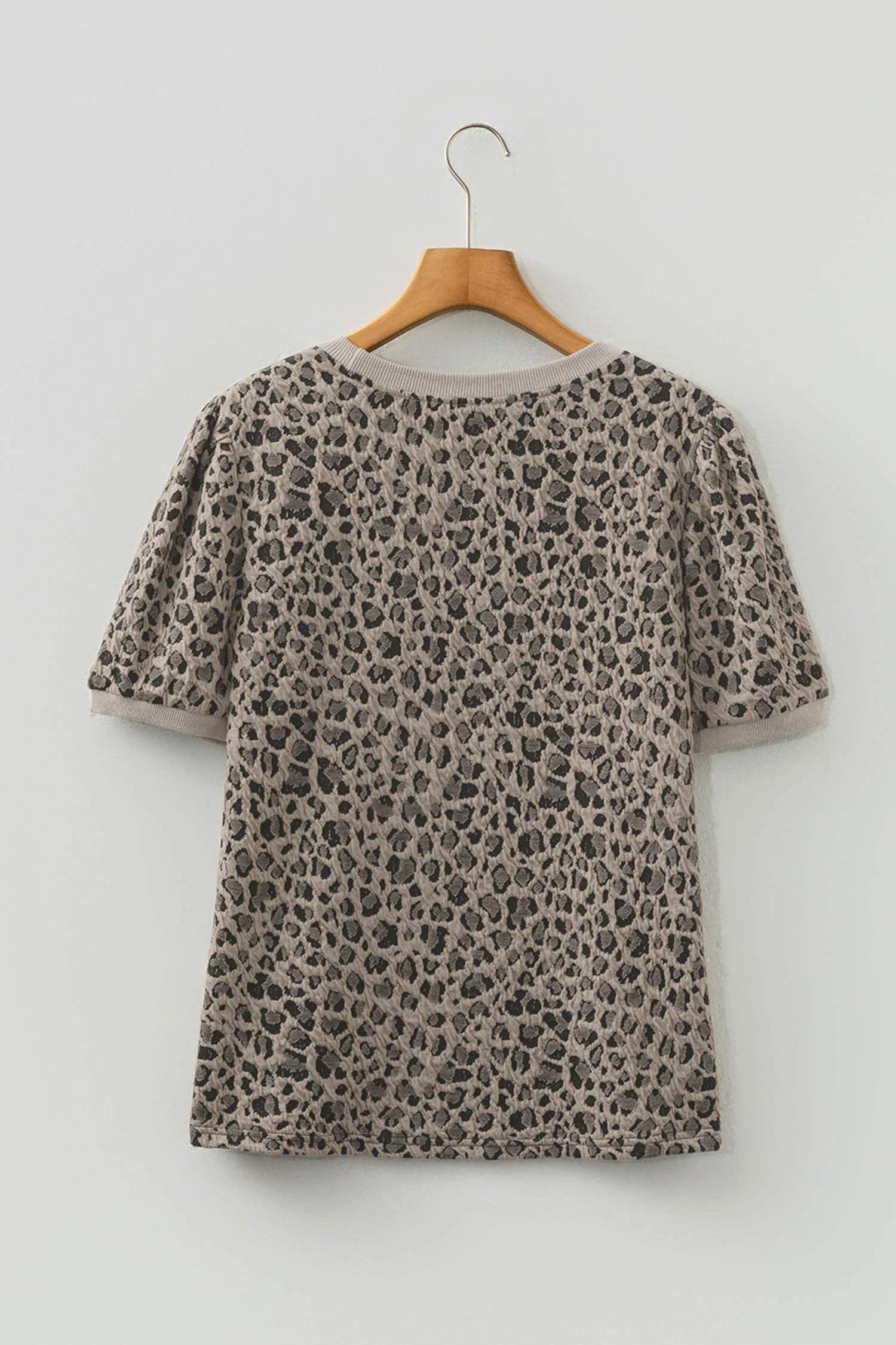 Khaki Textured Leopard Print Crew Neck Short Sleeve Top