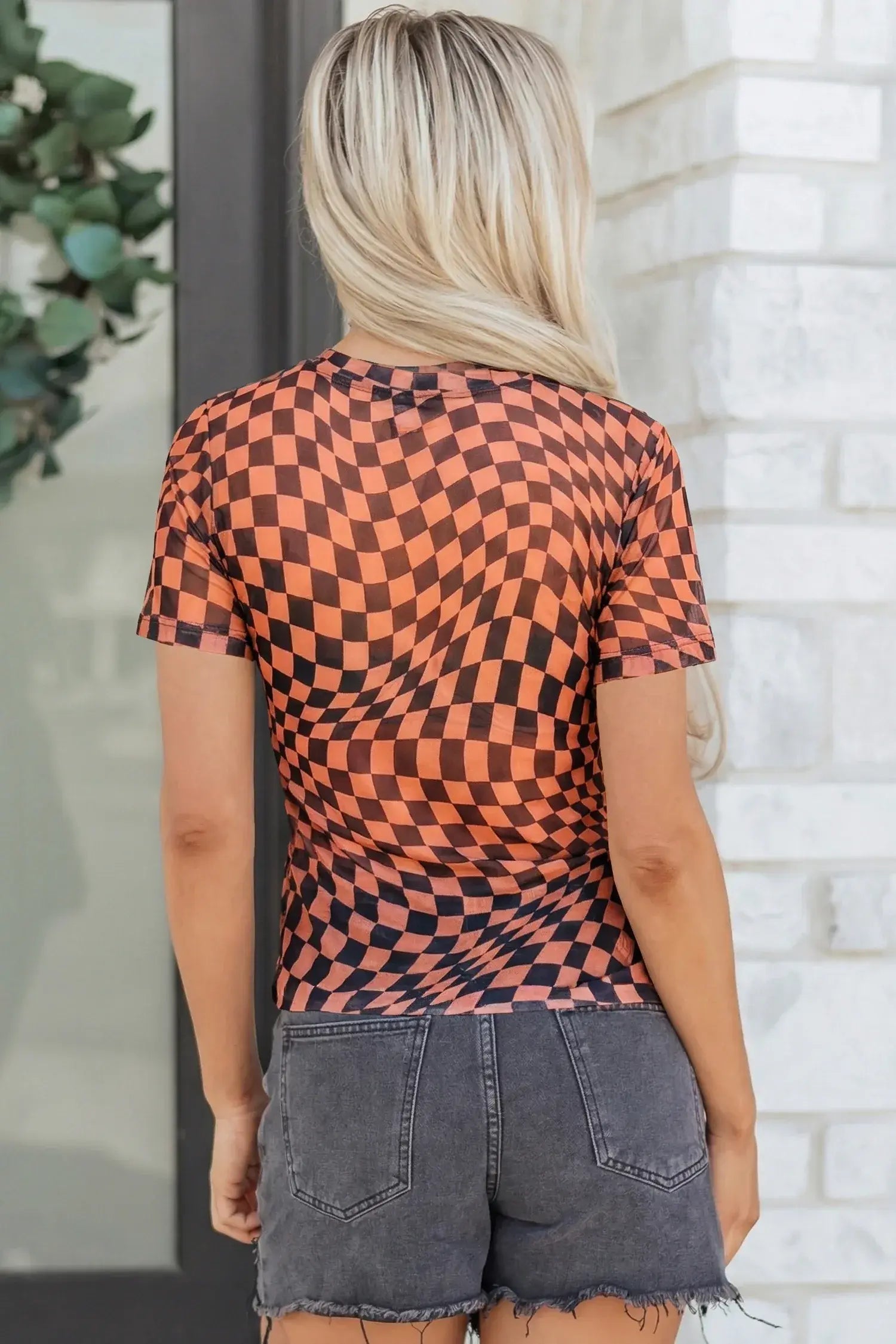 Orange Checkered Print Crew Neck Mesh T Shirt