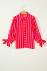 Red Stripe Tie Puff Sleeve Womens Button Down Shirt