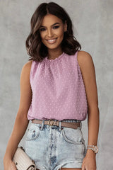 Pink Swiss Dot Sleeveless Ruffle Tank