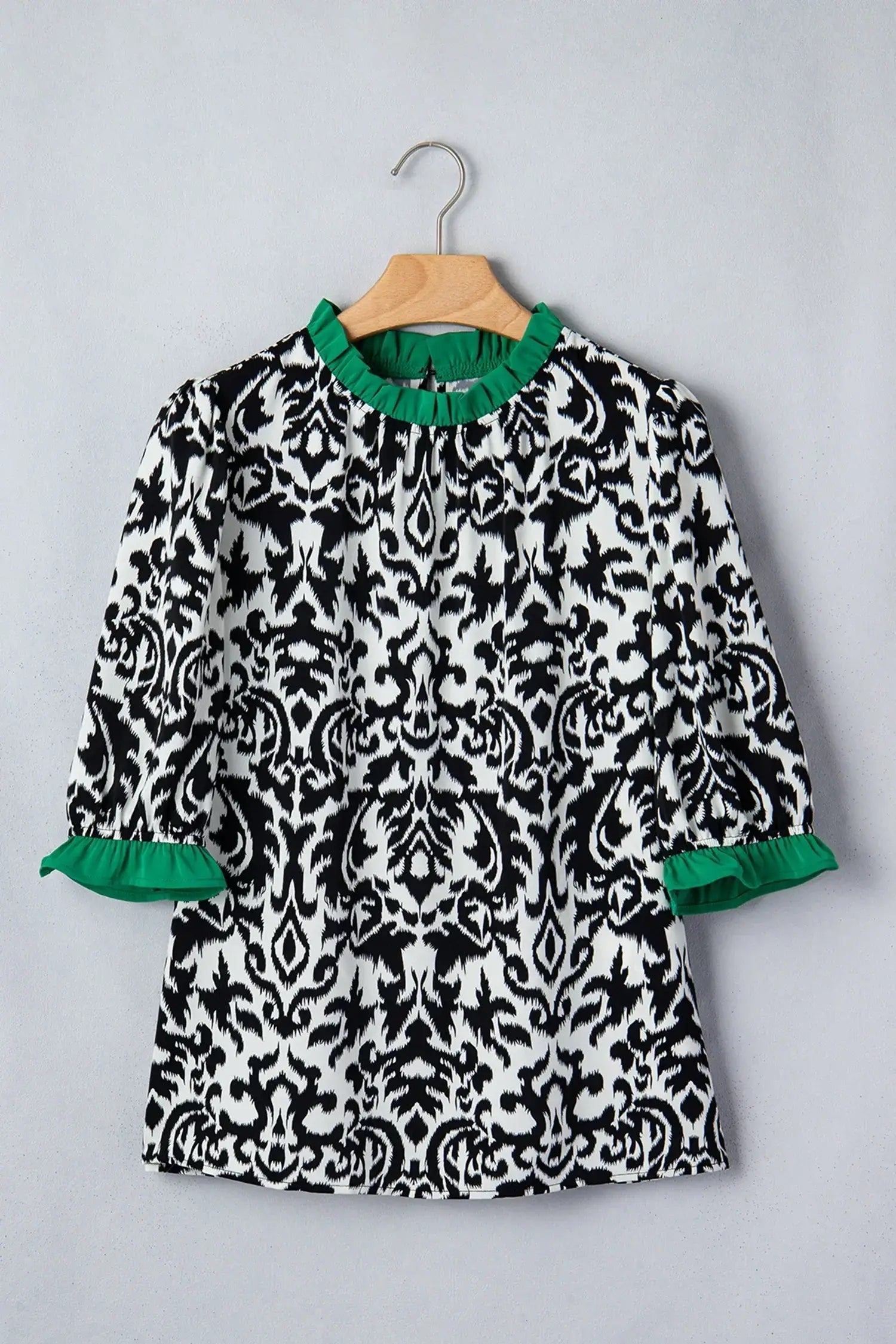 Green Damask Print Ruffled Color Block Detail Half Sleeve Blouse