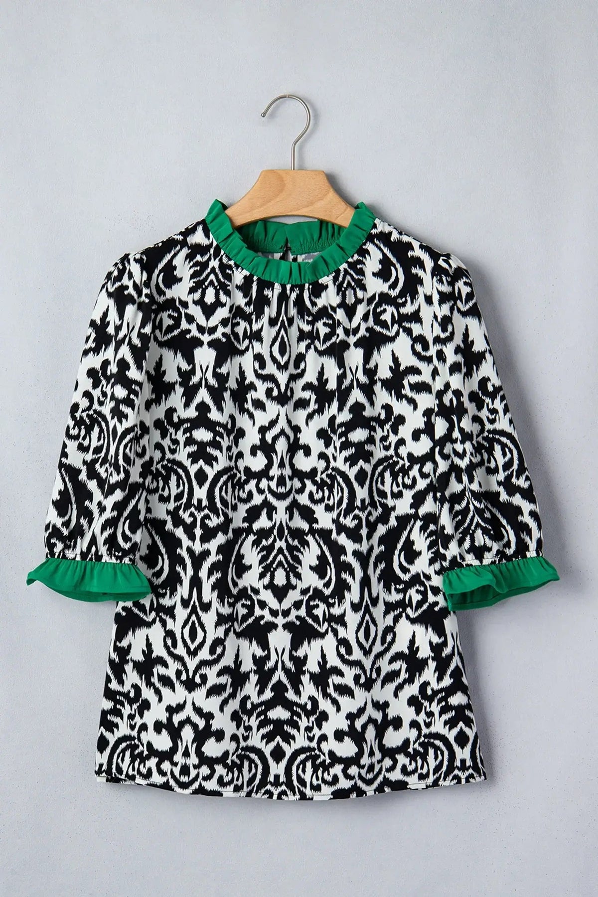 Green Damask Print Ruffled Color Block Detail Half Sleeve Blouse