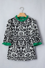 Green Damask Print Ruffled Color Block Detail Half Sleeve Blouse