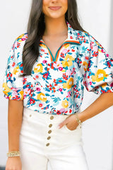 Peacock Blue Floral Print Slit V Neck Short Sleeve Blouse