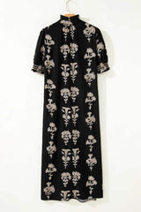 Black Floral Print Frilled Collar Short Puff Sleeve Maxi Dress