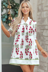 White Frilled V Neck 3/4 Sleeve Loose Floral Dress