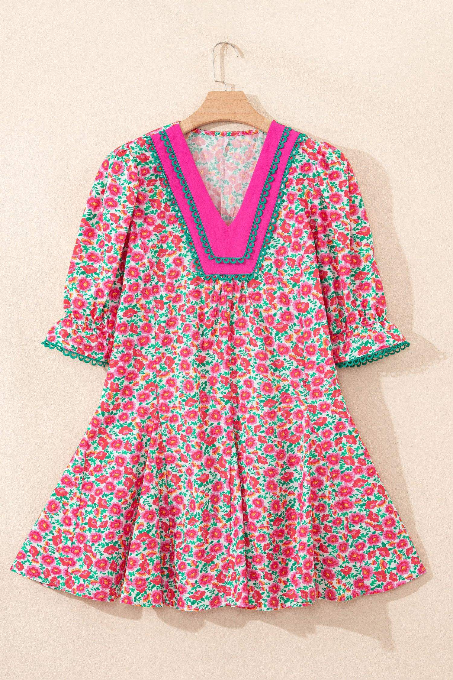 Pink Floral Print V Neck Patchwork Short Bubble Sleeve Mini Dress