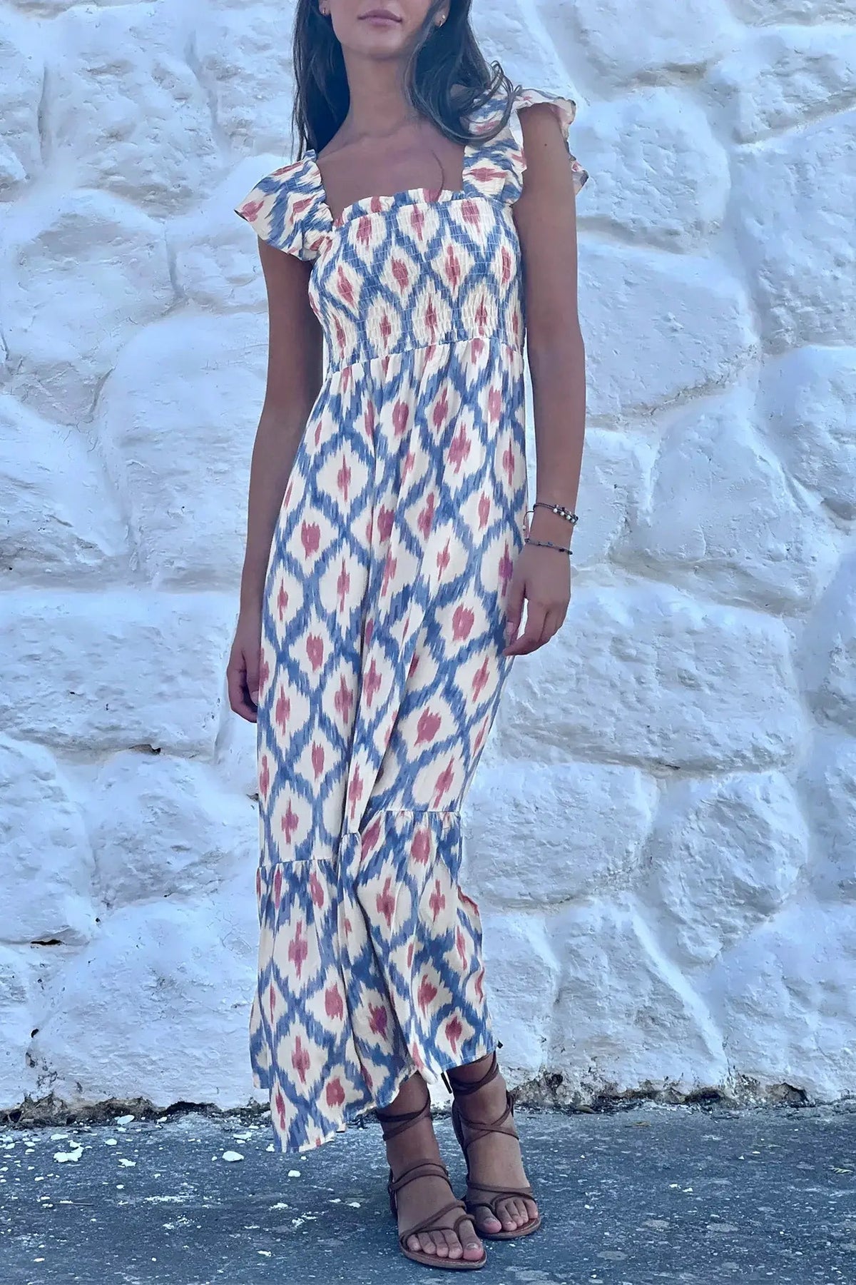 Sky Blue Ethnic Geometric Print Square Neck Smocked High Waist Ruffle Sleeve Dress