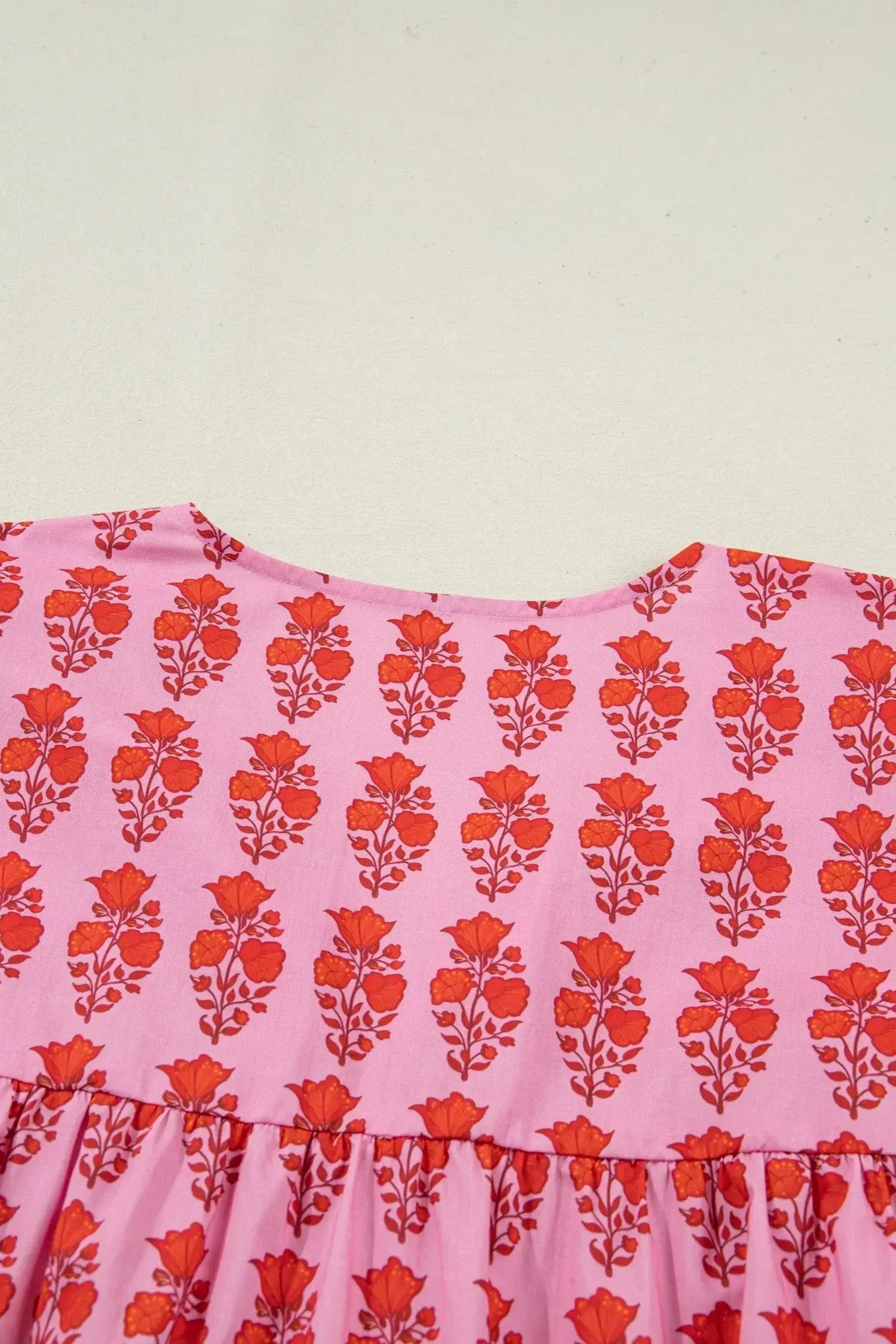 Pink Plus Size Floral Print Tassel Tie Puff Sleeve Cotton Blouse